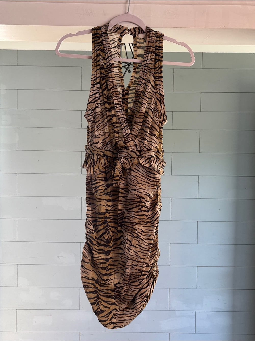 IRO Todd Brown and Black Tiger-Stripe Halter Wrap Dress